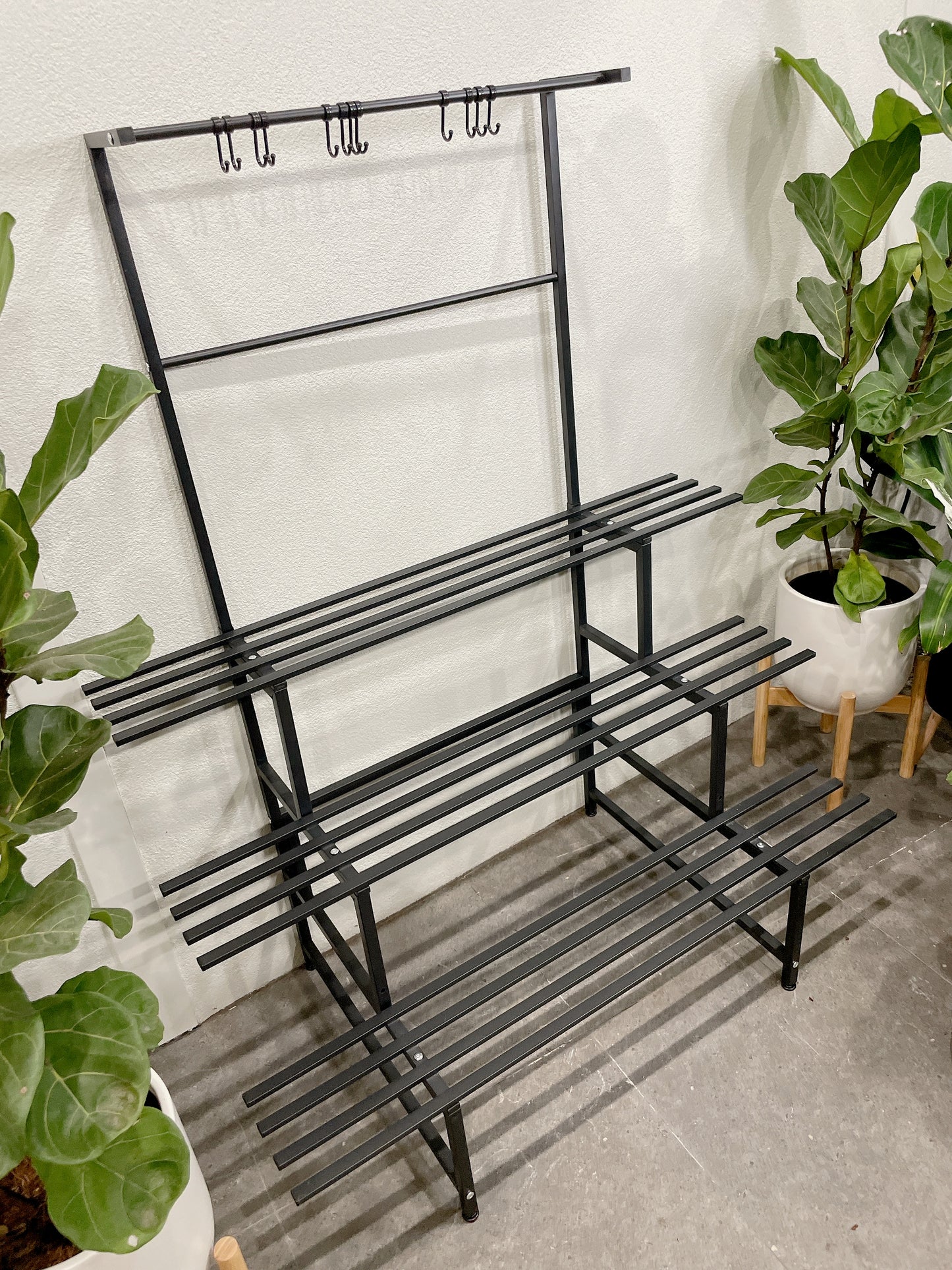 1.2m Wx1.5m tall black metal lightweight plant stand 3 tier hanging hooks pot holds outdoor patio