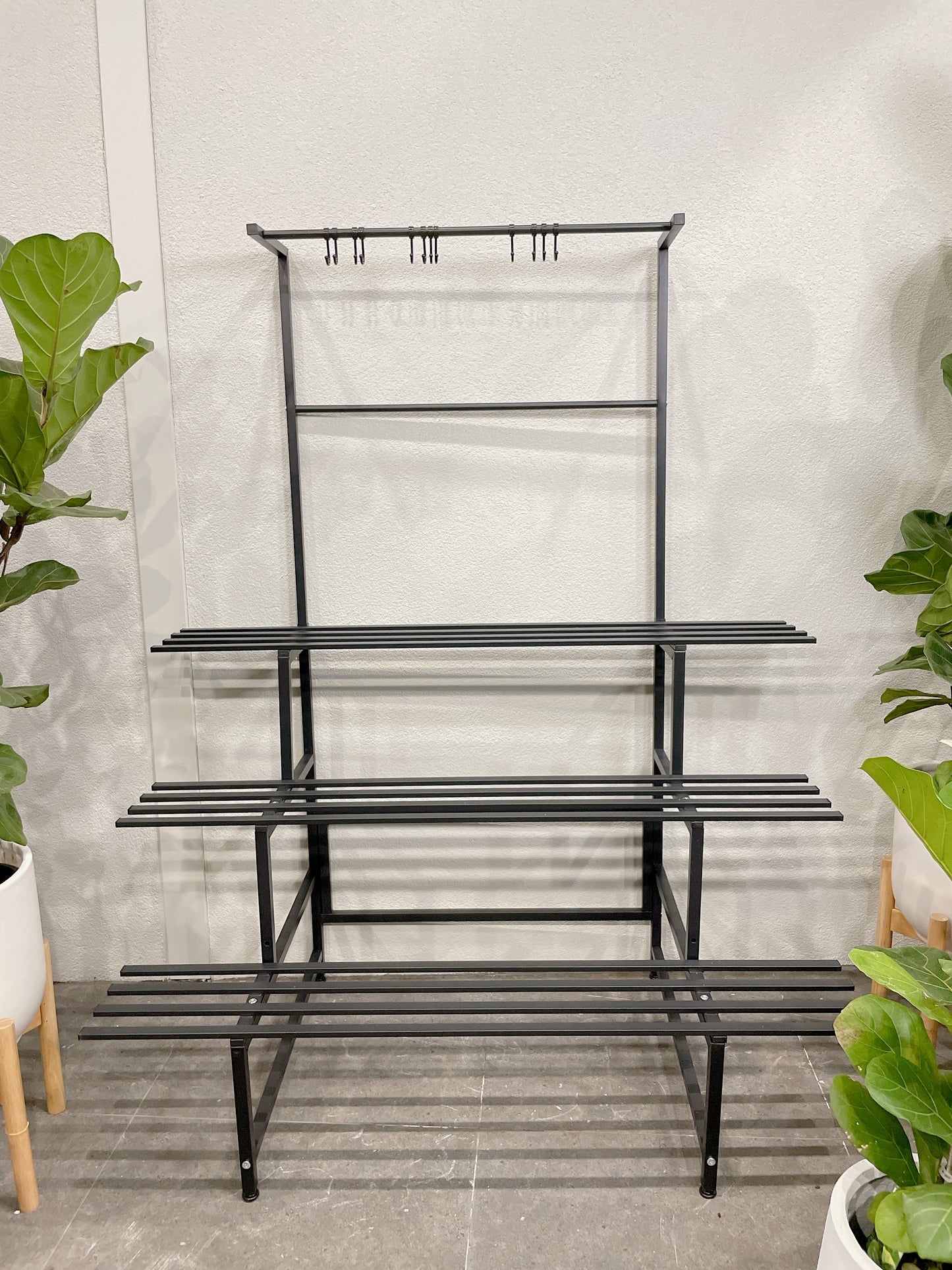 1.2m Wx1.5m tall black metal lightweight plant stand 3 tier hanging hooks pot holds outdoor patio