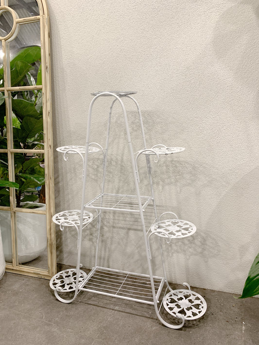 Light weight white metal plant stand holder vintage round plate pattern design delivery available