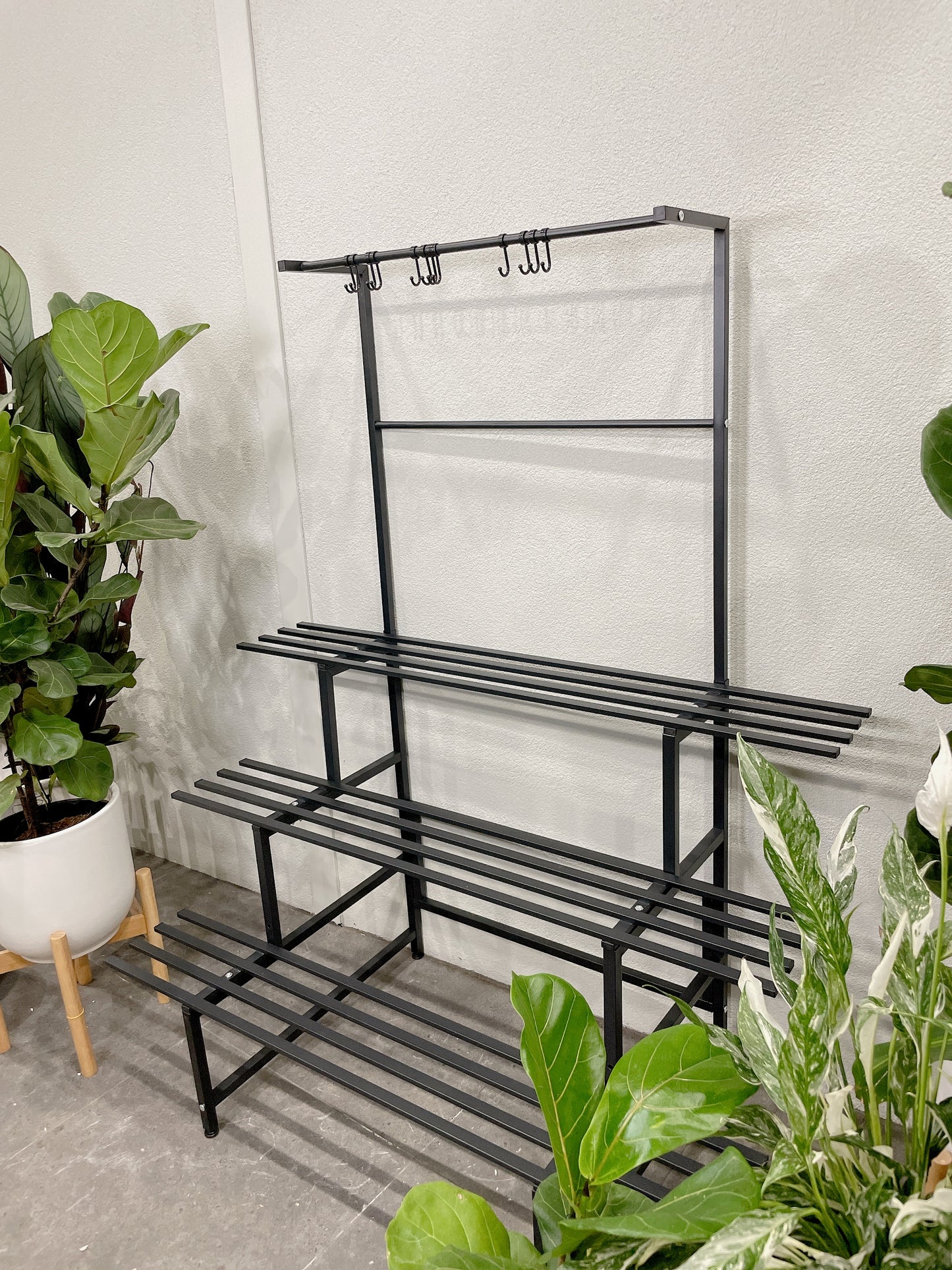 1.2m Wx1.5m tall black metal lightweight plant stand 3 tier hanging hooks pot holds outdoor patio