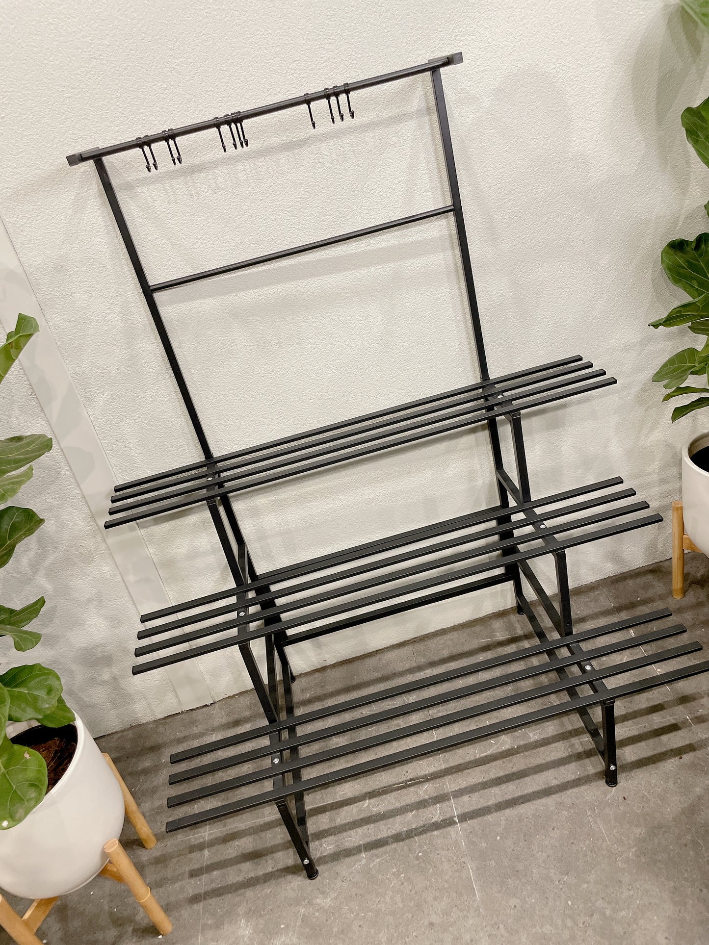 1.2m Wx1.5m tall black metal lightweight plant stand 3 tier hanging hooks pot holds outdoor patio