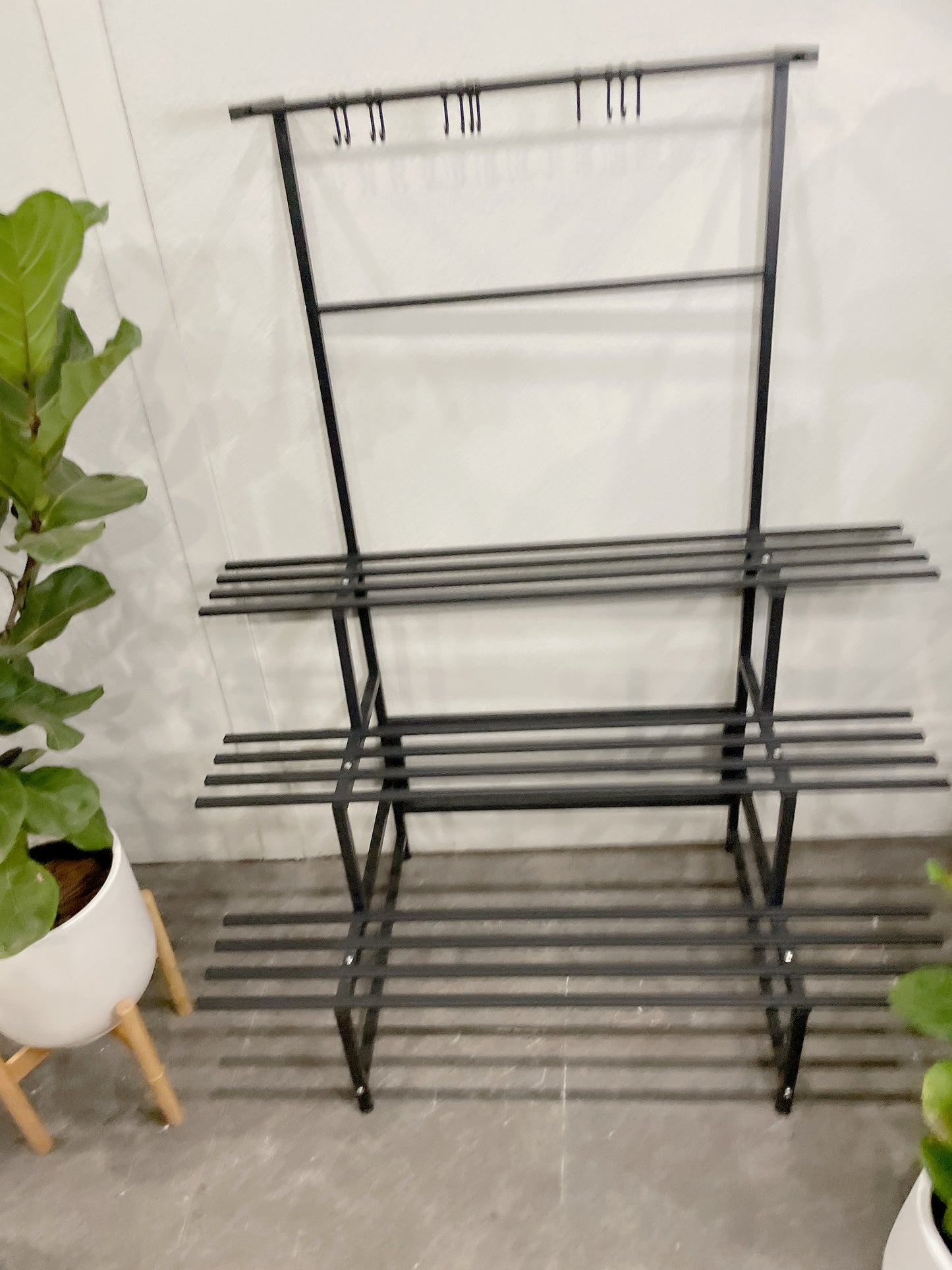 1.2m Wx1.5m tall black metal lightweight plant stand 3 tier hanging hooks pot holds outdoor patio