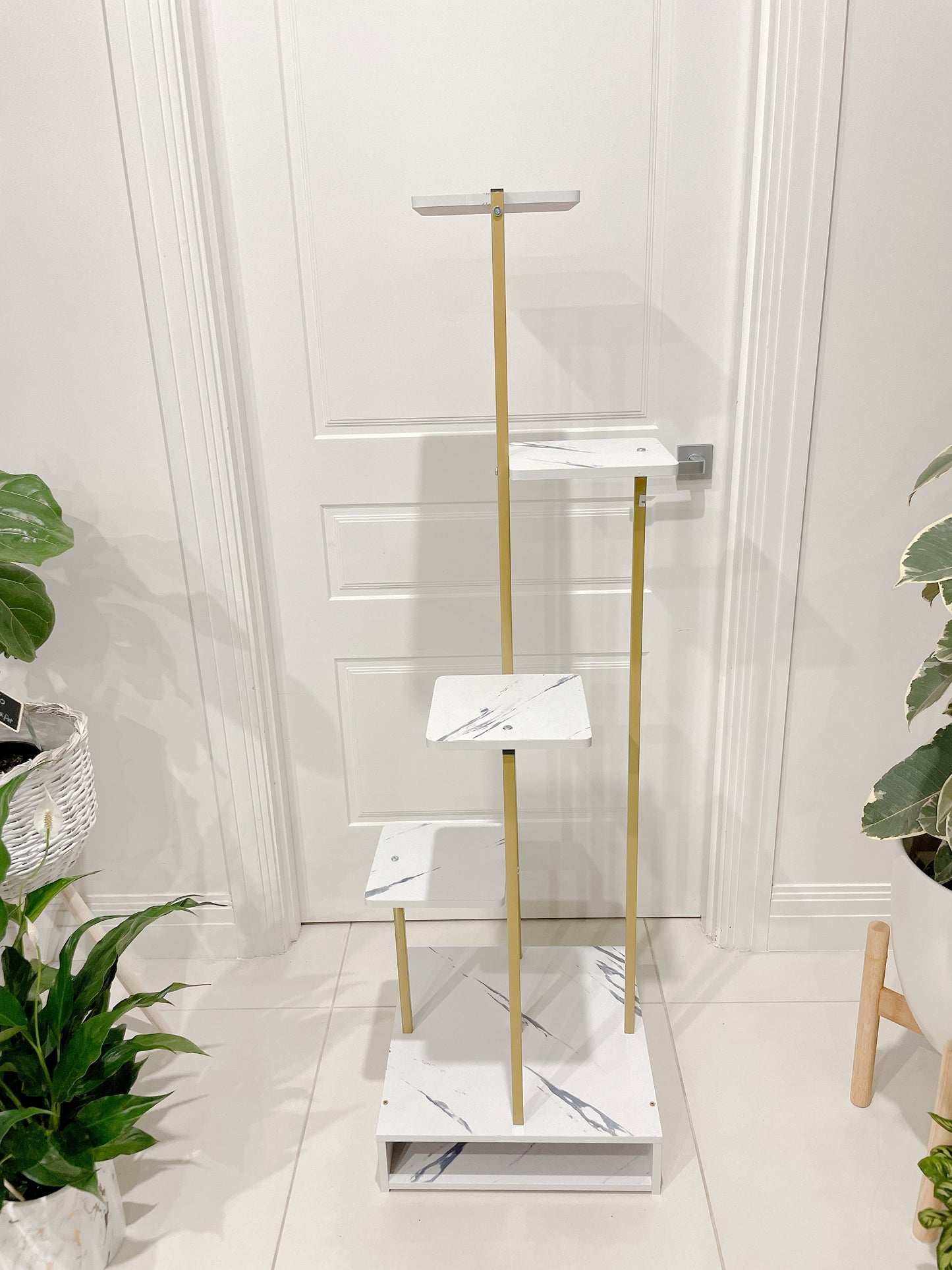 1.31m tall golden marble veins veneer timber metal stand holder shelving  PLANT NOT INCLUDED storage
