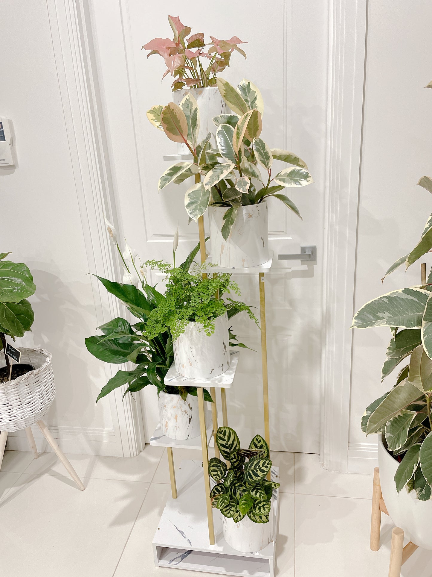 1.31m tall golden marble veins veneer timber metal stand holder shelving  PLANT NOT INCLUDED storage