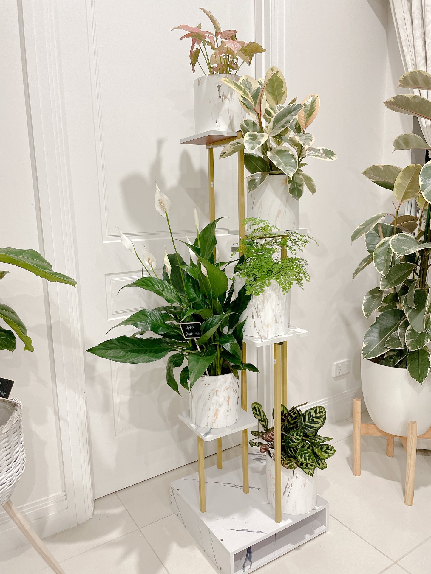 1.31m tall golden marble veins veneer timber metal stand holder shelving  PLANT NOT INCLUDED storage