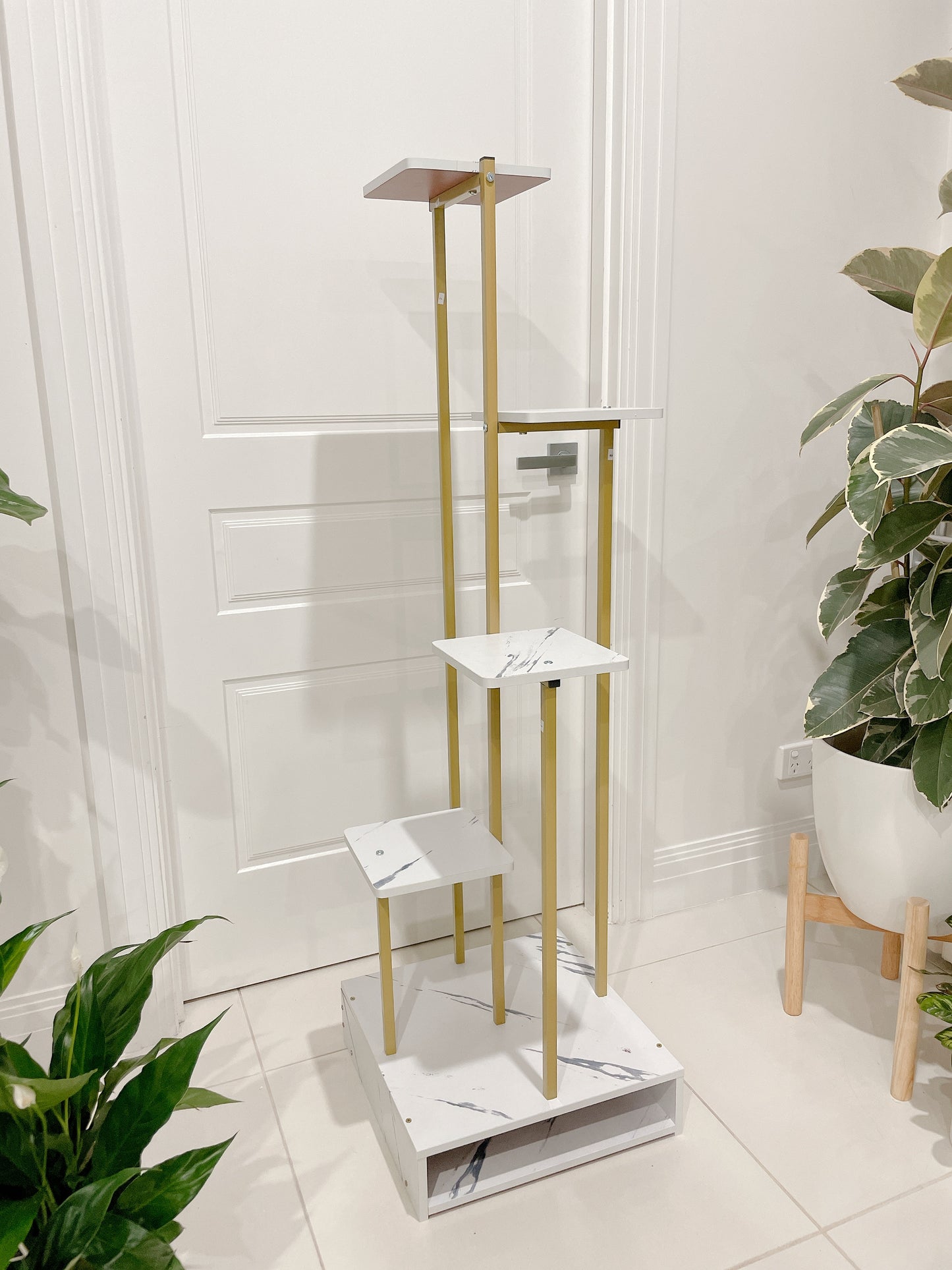 1.31m tall golden marble veins veneer timber metal stand holder shelving  PLANT NOT INCLUDED storage