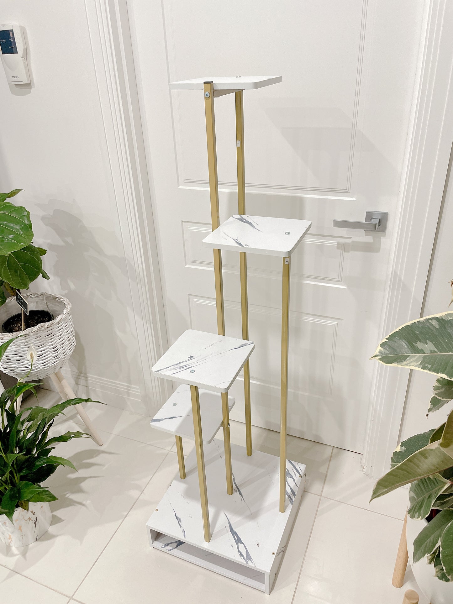 1.31m tall golden marble veins veneer timber metal stand holder shelving  PLANT NOT INCLUDED storage