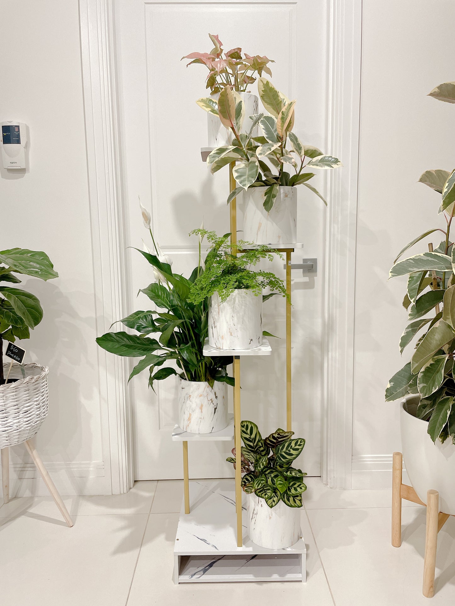 1.31m tall golden marble veins veneer timber metal stand holder shelving  PLANT NOT INCLUDED storage