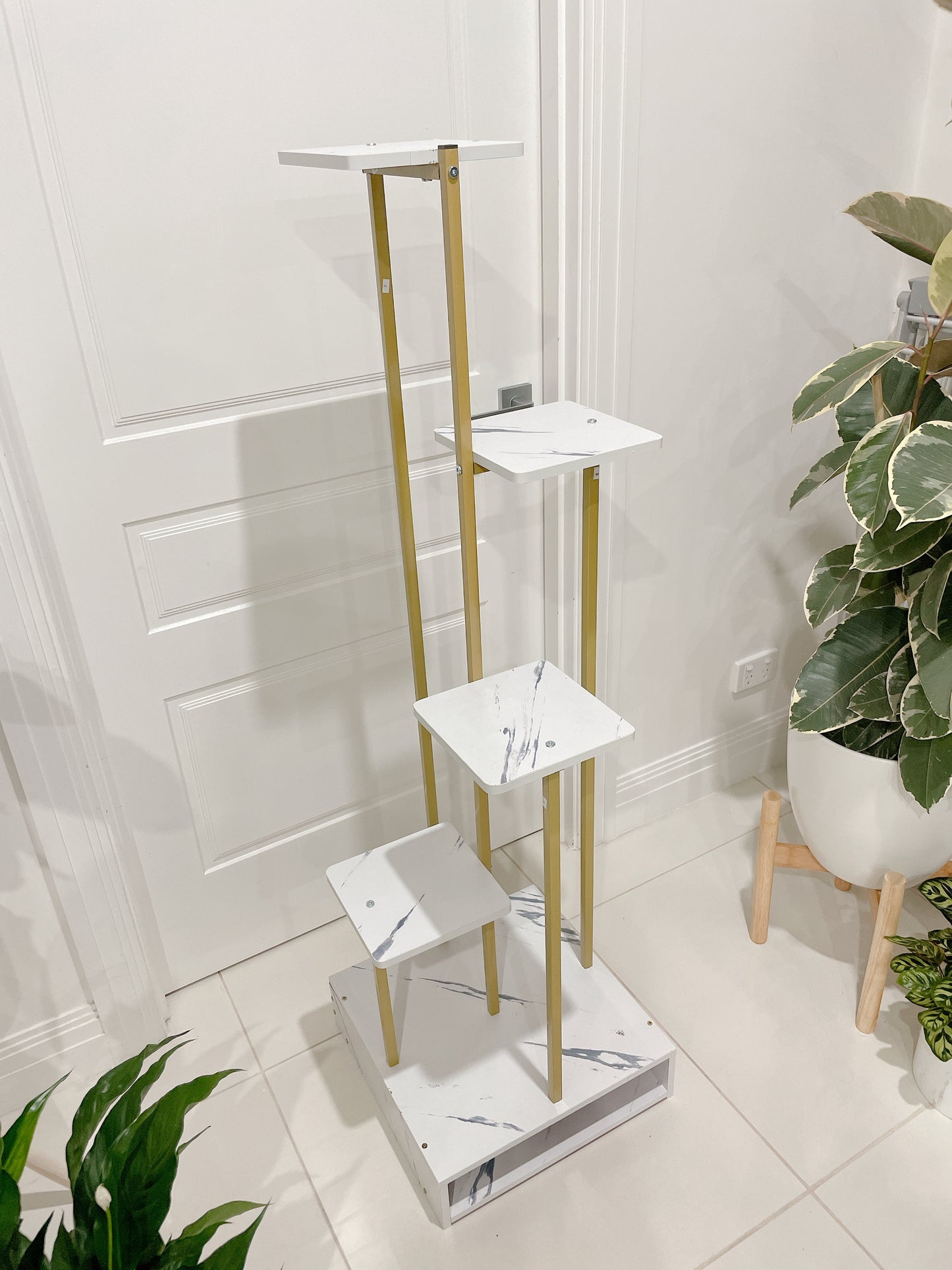 1.31m tall golden marble veins veneer timber metal stand holder shelving  PLANT NOT INCLUDED storage